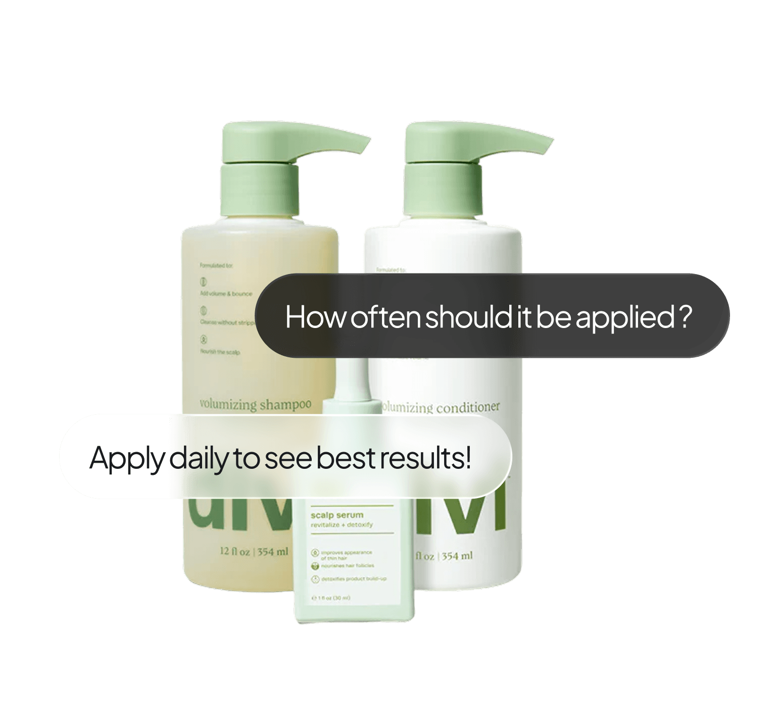 Divi shampoo and conditioner bottles with chat bubbles asking how often to apply and a helpful answer