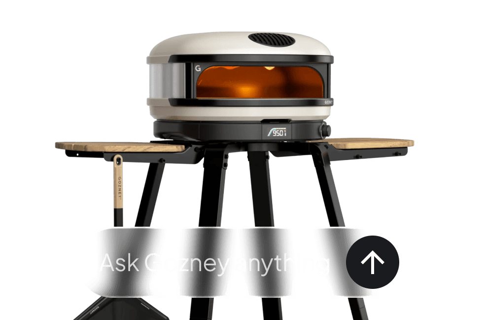 Gozney pizza oven product image with an Ask Gozney conversational pill overlay