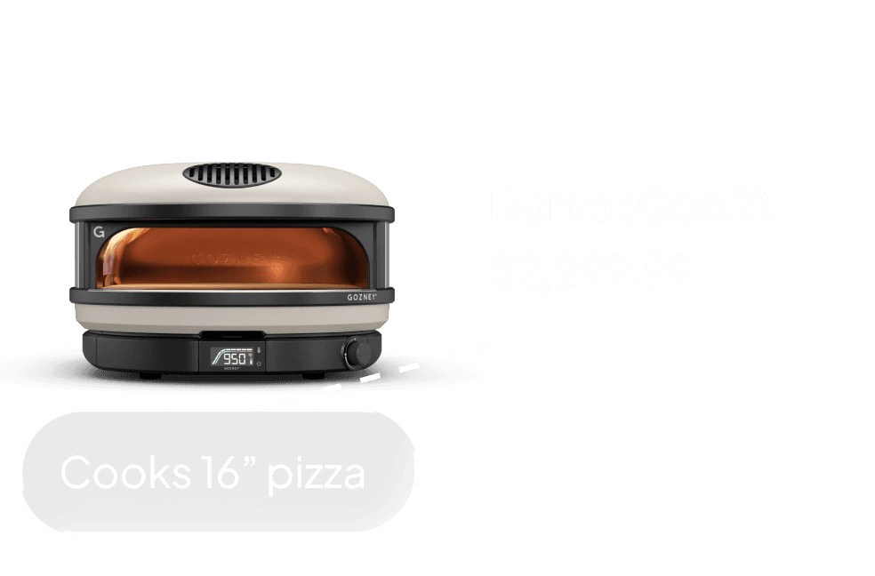 Gozney Dome (Gen 2) product card priced at $2,299.99 with a Cooks 16" pizza badge